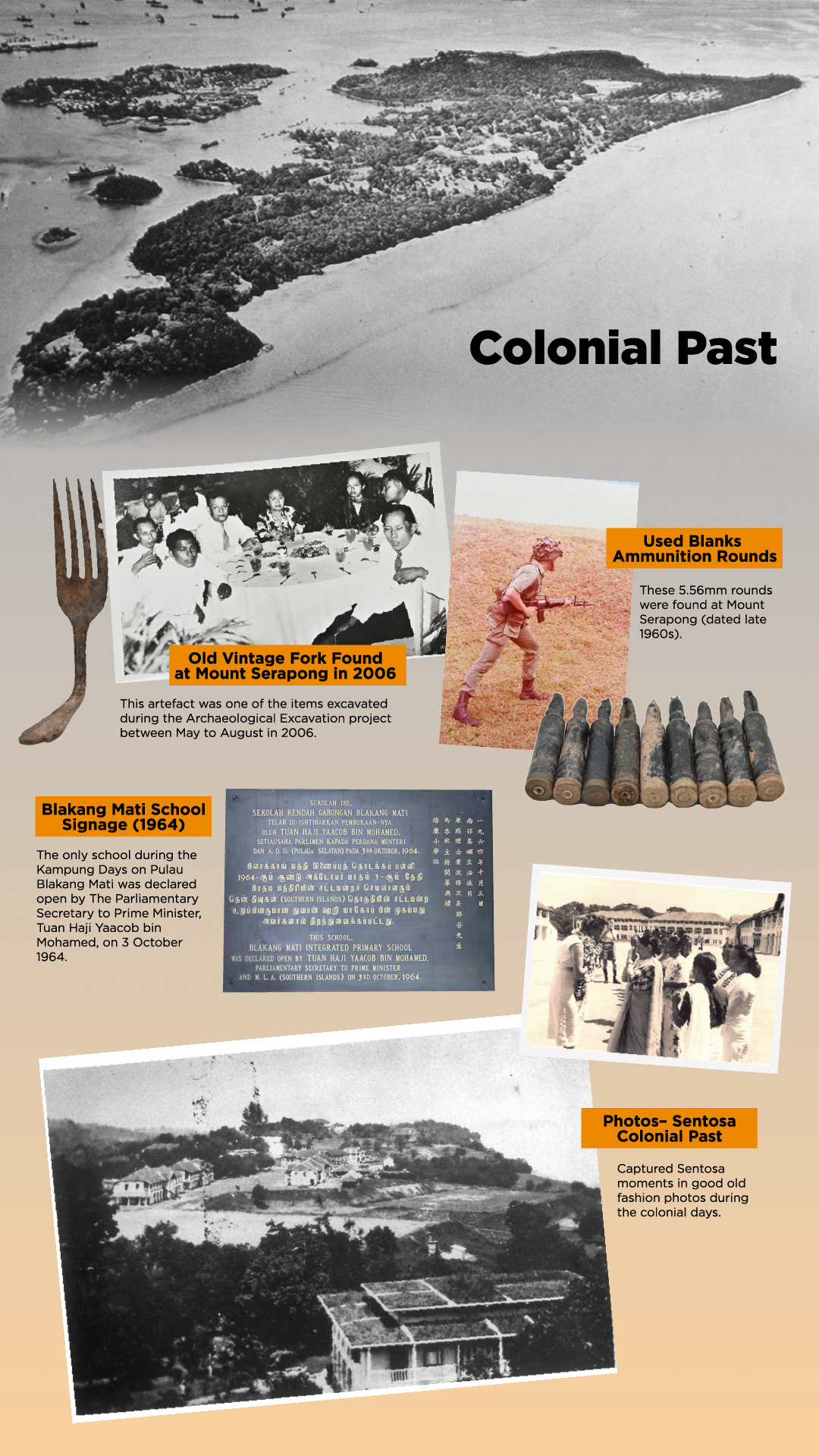 Collage of Sentosa colonial past artifacts including a vintage fork, ammunition rounds, a school sign, and old photos.